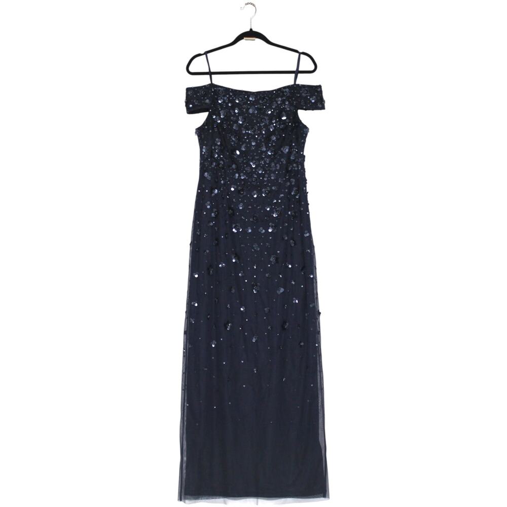 Adrianna Papell Navy Beaded Off Shoulder Formal Maxi Dress Size 14